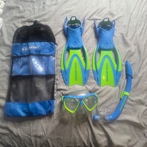 U S Divers ProFlex Snorkel Set Fins Mask Scuba Dive Gear‎ Set Blue Green S/M